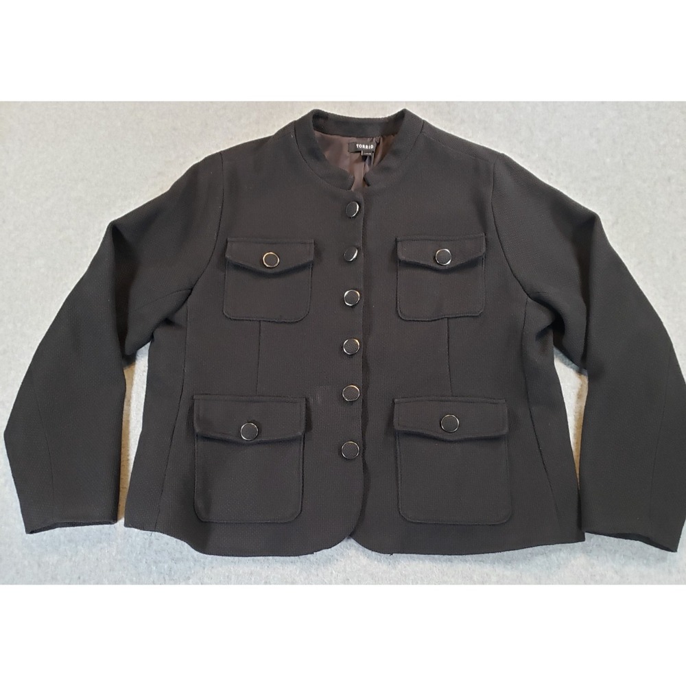 Torrid Tweed Pocket Jacket Womens Black Size 2 Button Up Blazer 4 Front Pockets